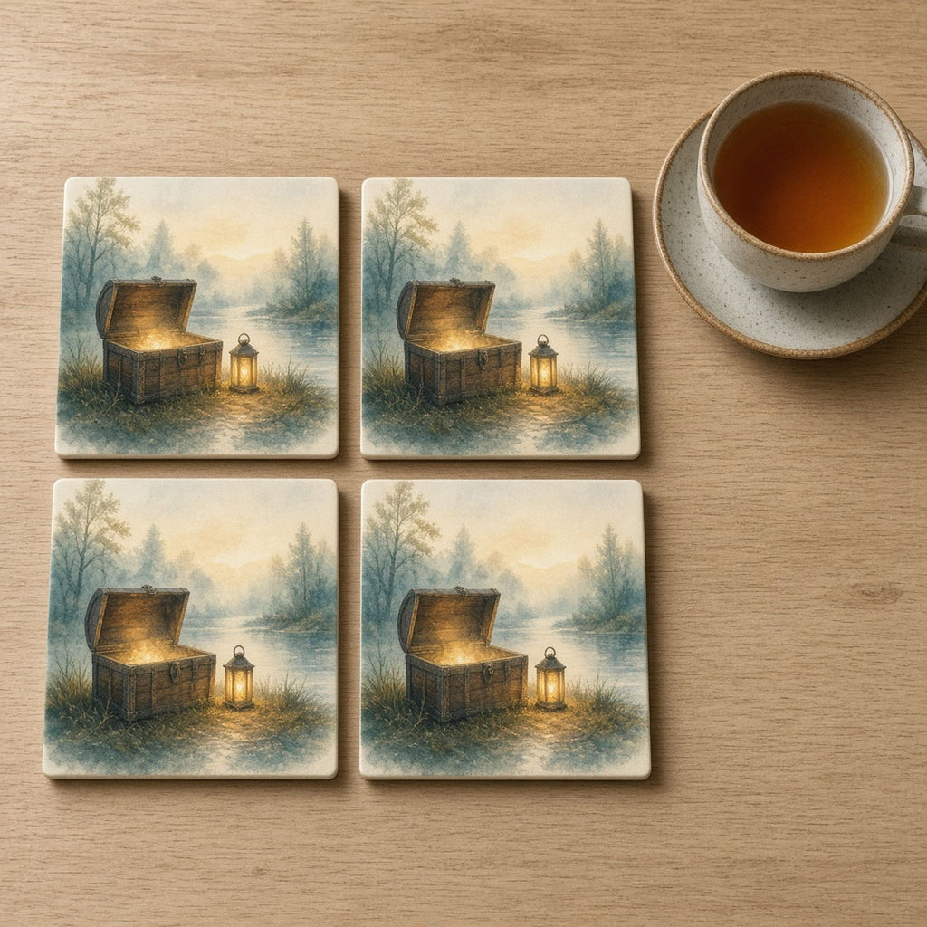 Misty watercolour river bank at dawn with a half-open treasure chest and glowing lantern printed flat on a set of four coasters, made with prompt #416