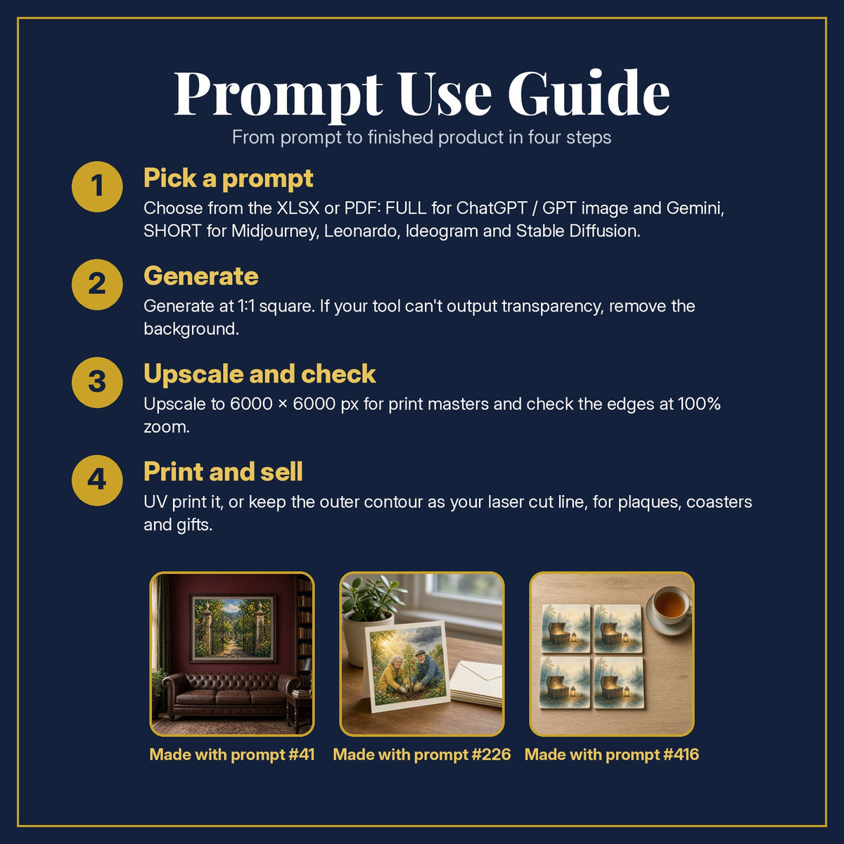 Prompt Use Guide for the Money and Finance Complete Library: pick a prompt, generate, upscale and check, print and sell, with sample products made with the pack's prompts