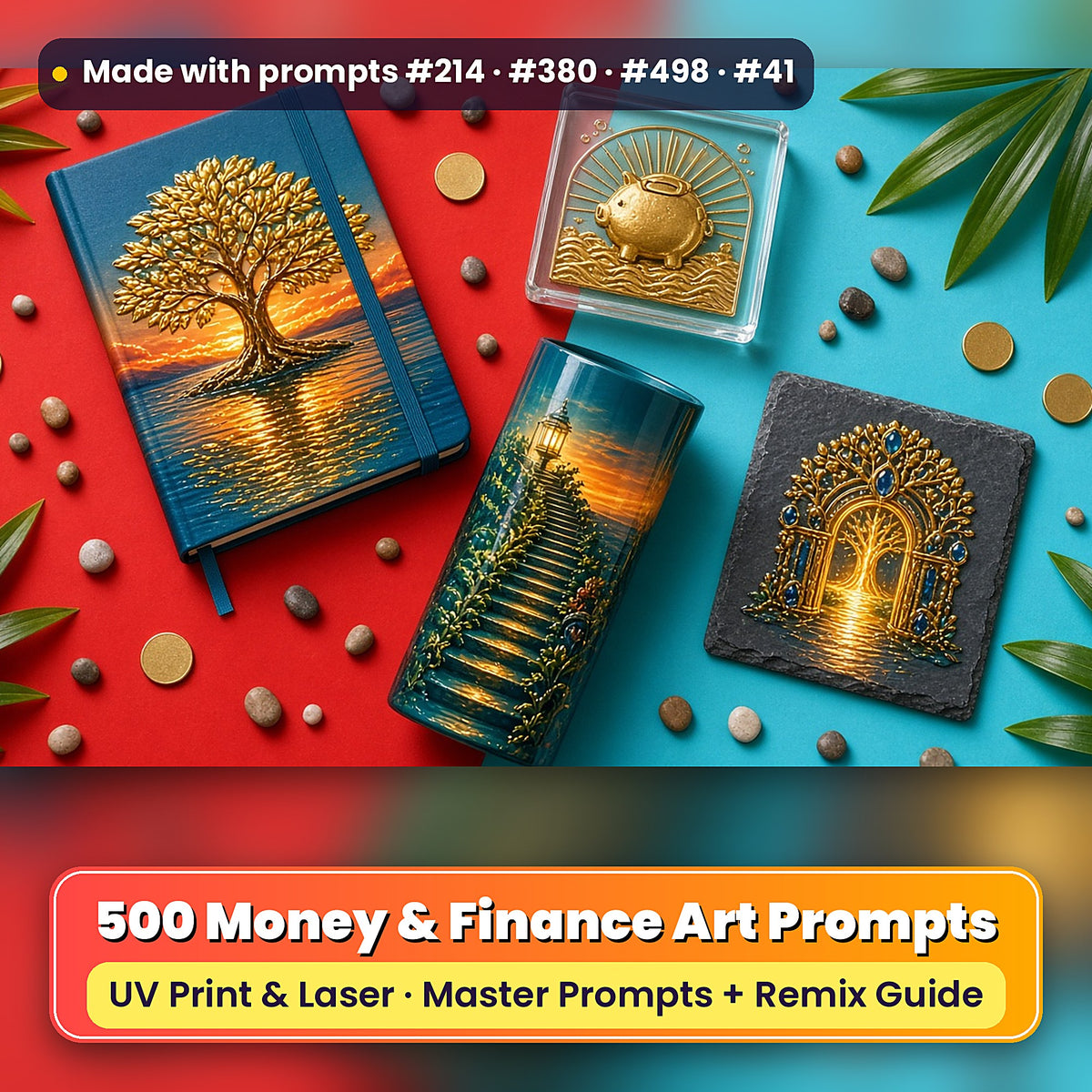 500 Finance Art Prompts Library: Made with prompts #214 · #380 · #498 · #41 – realistic UV-printed mockup
