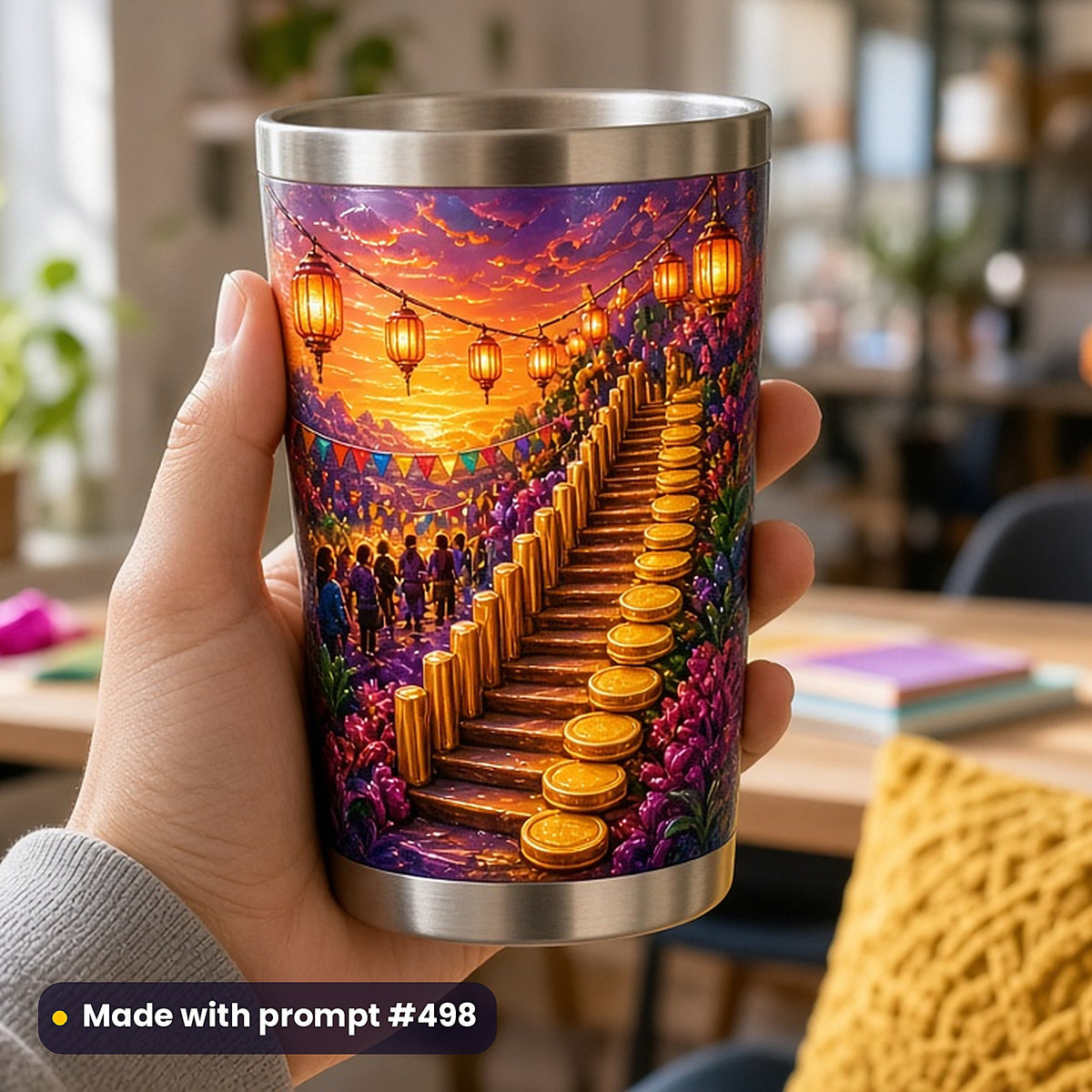 500 Finance Art Prompts Library: Made with prompt #498 – realistic UV-printed mockup (Flagship Bestseller — Festival or Gathering)