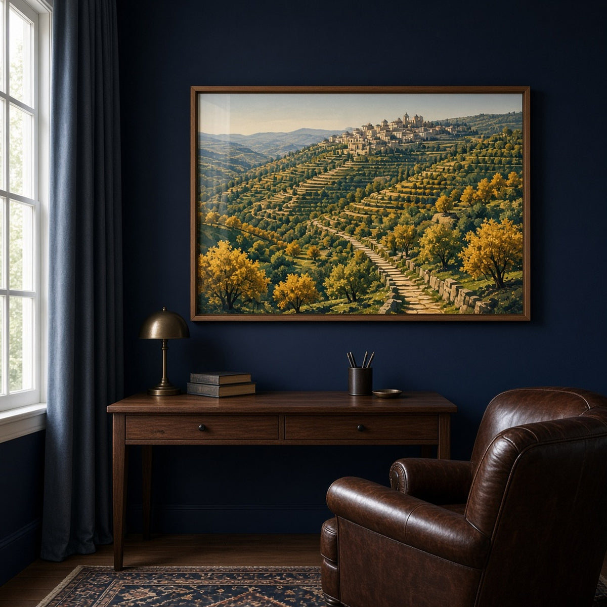 Jewel-toned panoramic terraced valley of golden-leaved orchards and stone stairways climbing to a hilltop town printed flat on a framed print in a study, made with prompt #9