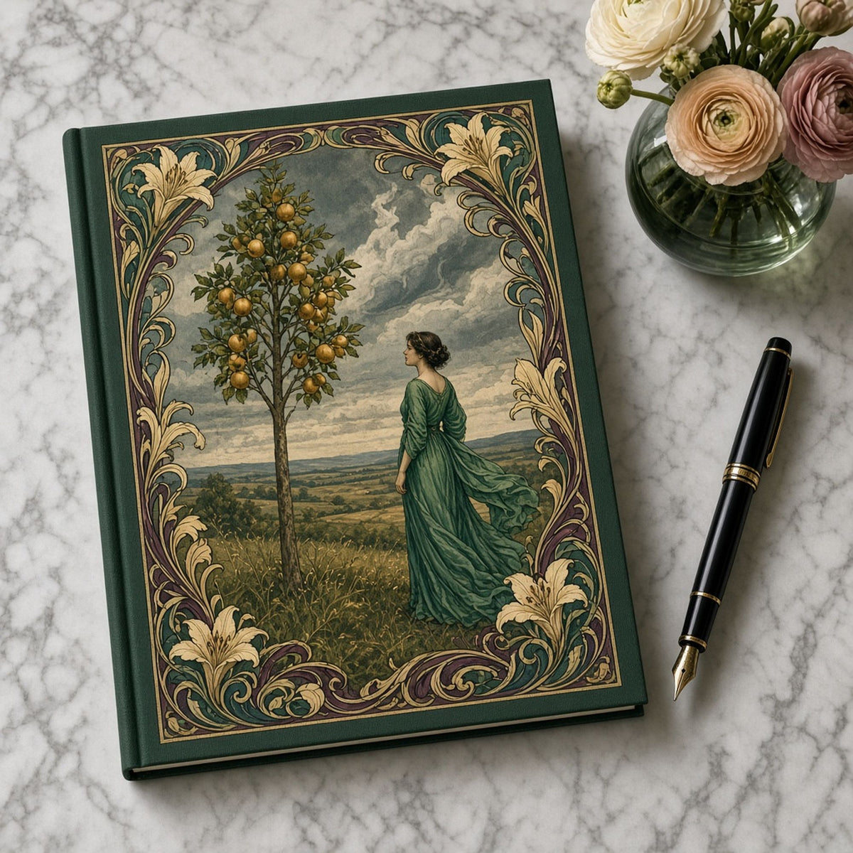 Art nouveau woman in an emerald gown beside a golden-fruited tree as a storm sweeps the plain printed flat on a notebook cover, made with prompt #46