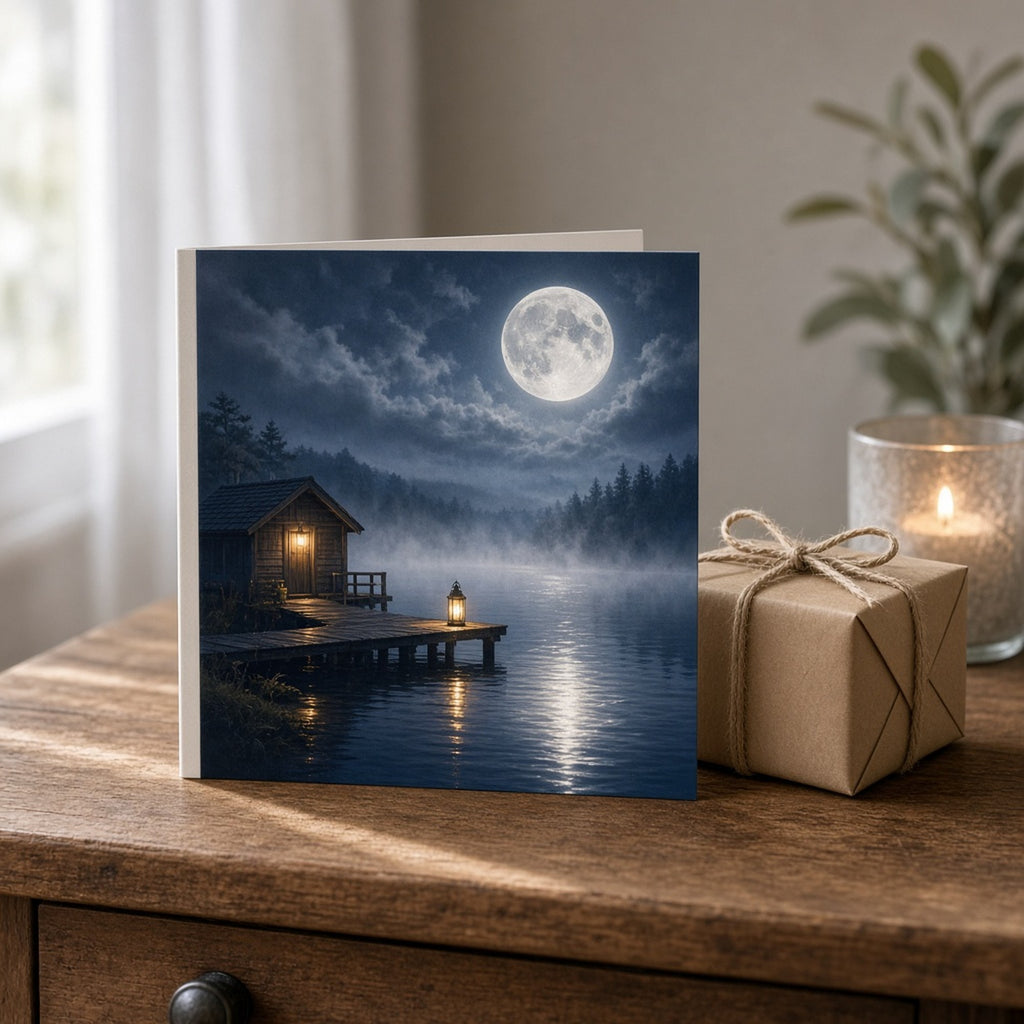 Misty moonlit lake with a wooden boathouse and a lantern on the jetty printed flat on a greeting card, made with prompt #84