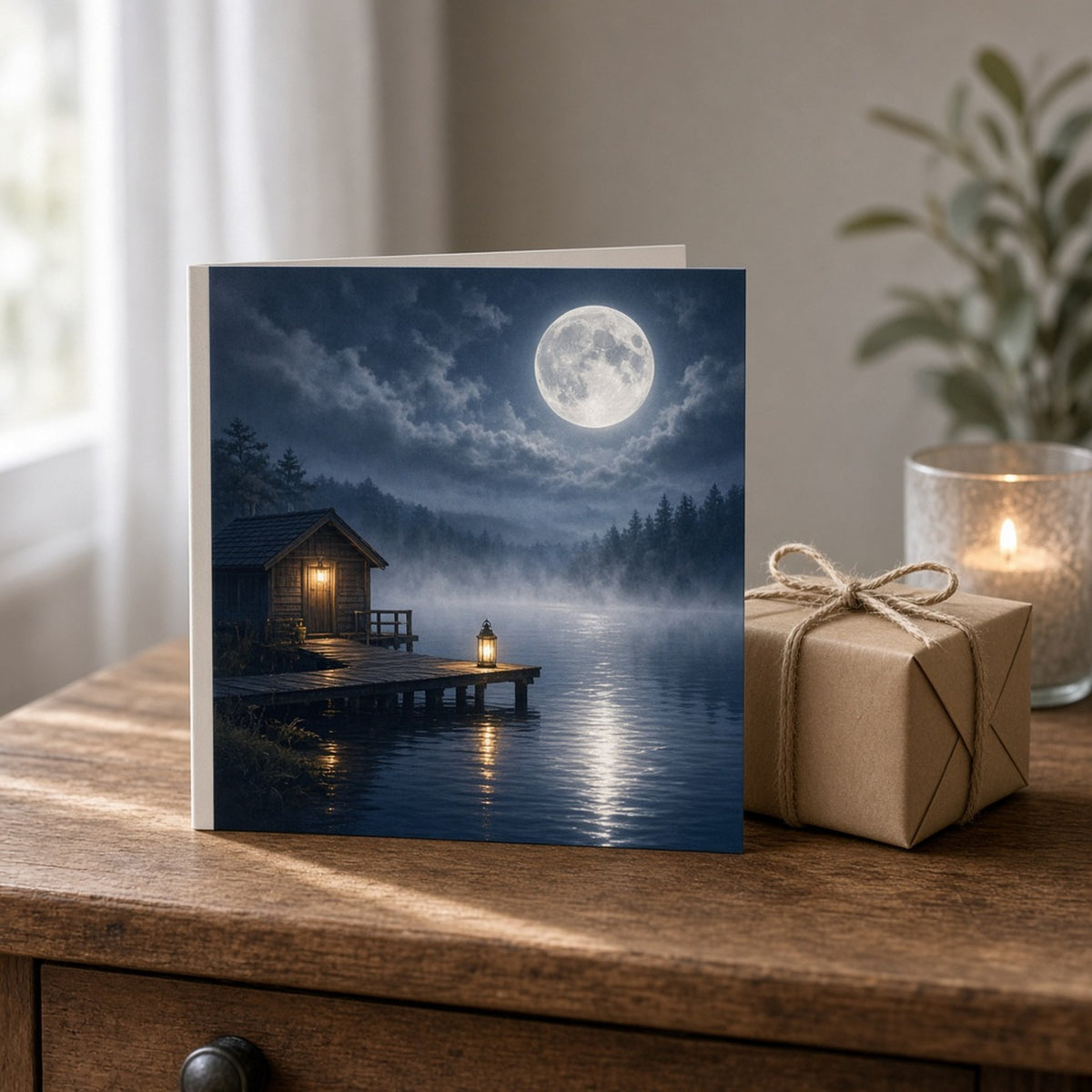 Misty moonlit lake with a wooden boathouse and a lantern on the jetty printed flat on a greeting card, made with prompt #84