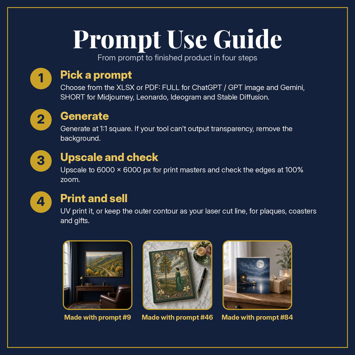 Prompt Use Guide for the Money and Finance, Luxury & Decorative Collection: pick a prompt, generate, upscale and check, print and sell, with sample products made with the pack's prompts