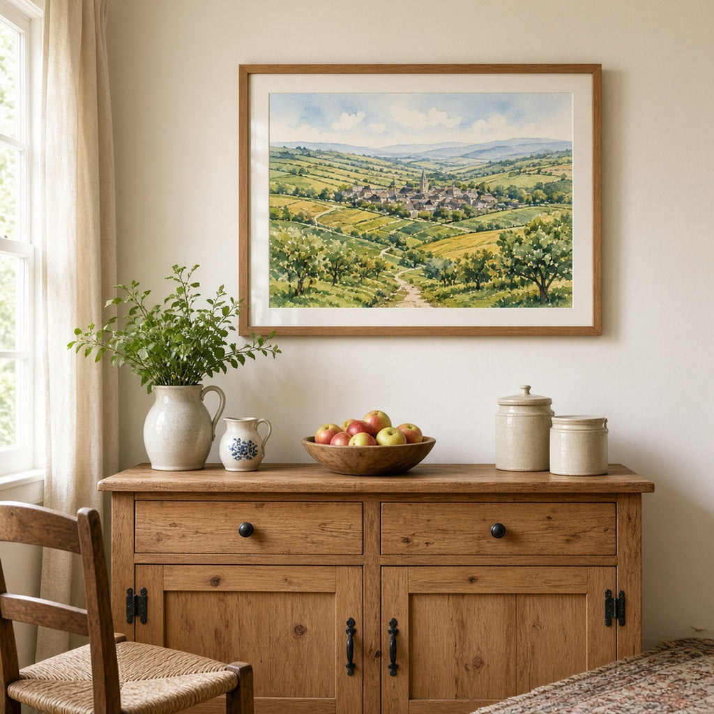Watercolour panoramic patchwork countryside of fields, orchards and footpaths around a small market town printed flat on a framed print in a kitchen-diner, made with prompt #9