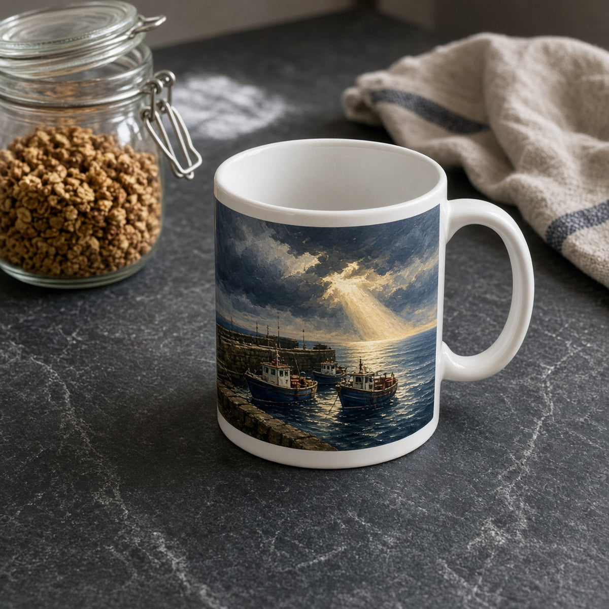Oil-painting storm gathering over a stone harbour with fishing boats moored safely in a beam of sunlight printed flat on a mug, made with prompt #46