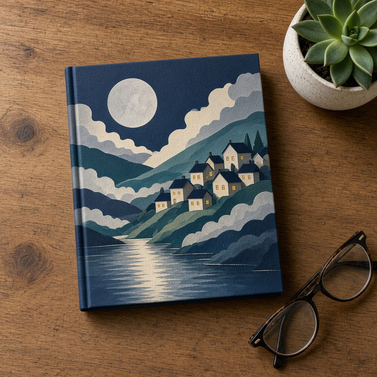 Layered-shapes moonlit hillside village with glowing windows above a moonlit river printed flat on a notebook cover, made with prompt #84