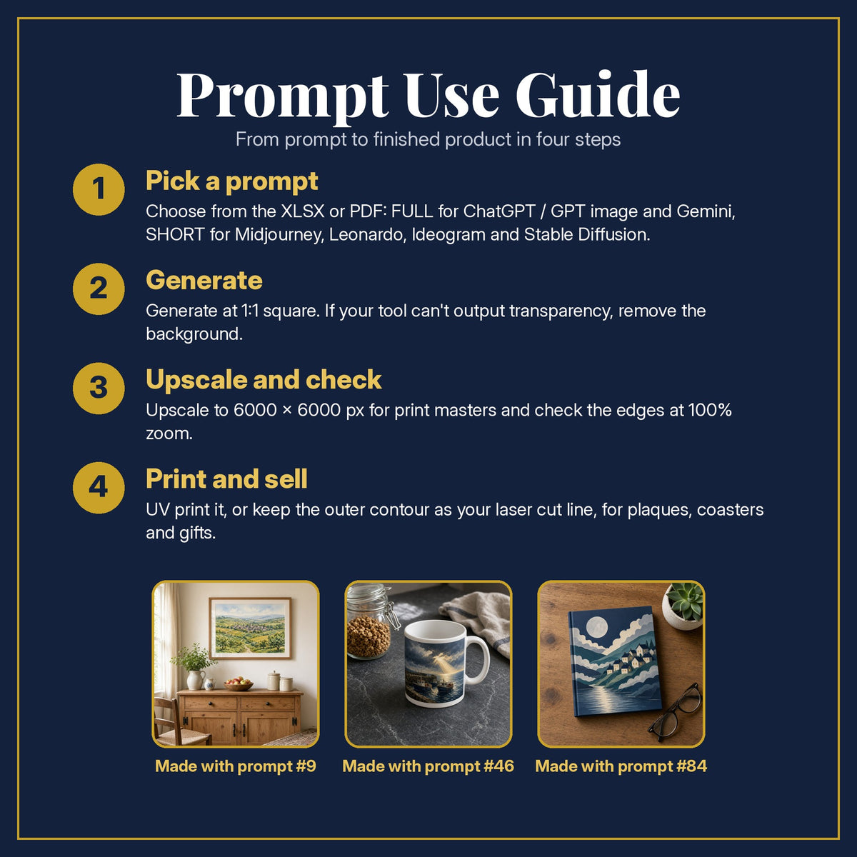 Prompt Use Guide for the Money and Finance, Painterly & Handmade Collection: pick a prompt, generate, upscale and check, print and sell, with sample products made with the pack's prompts