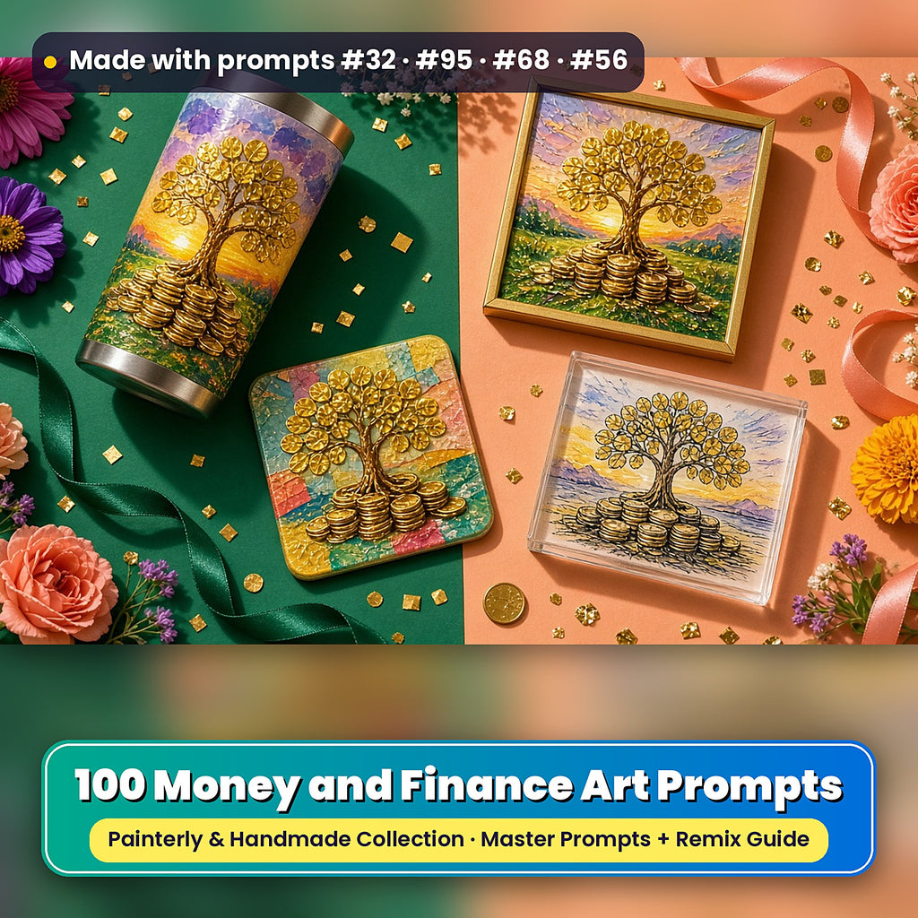 Money and Finance, Painterly & Handmade Collection: realistic UV-printed mockup, made with prompts #32 · #95 · #68 · #56