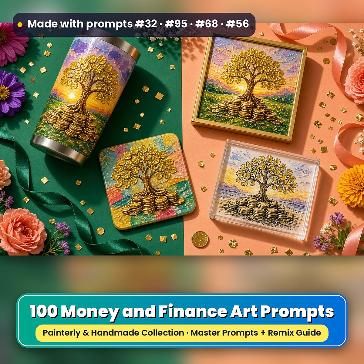 Money and Finance, Painterly & Handmade Collection: realistic UV-printed mockup, made with prompts #32 · #95 · #68 · #56