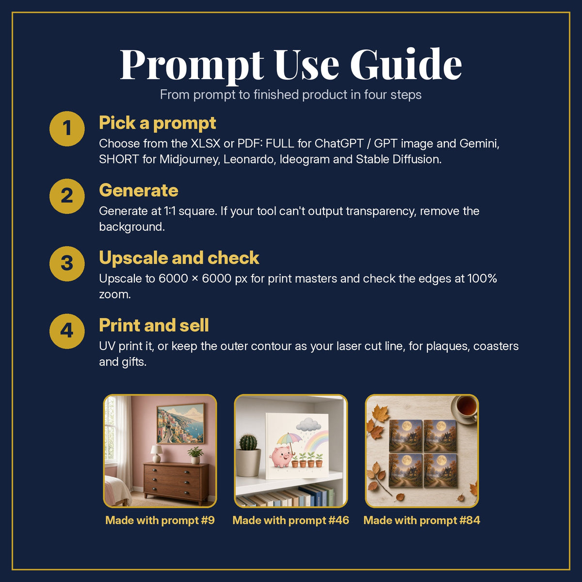 Prompt Use Guide for the Money and Finance, Vintage & Whimsical Collection: pick a prompt, generate, upscale and check, print and sell, with sample products made with the pack's prompts