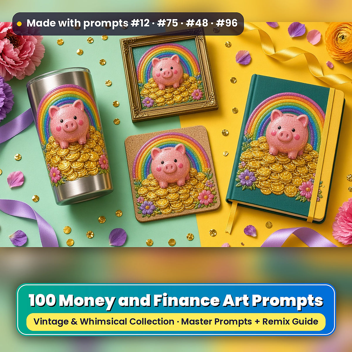 Money and Finance, Vintage & Whimsical Collection: realistic UV-printed mockup, made with prompts #12 · #75 · #48 · #96
