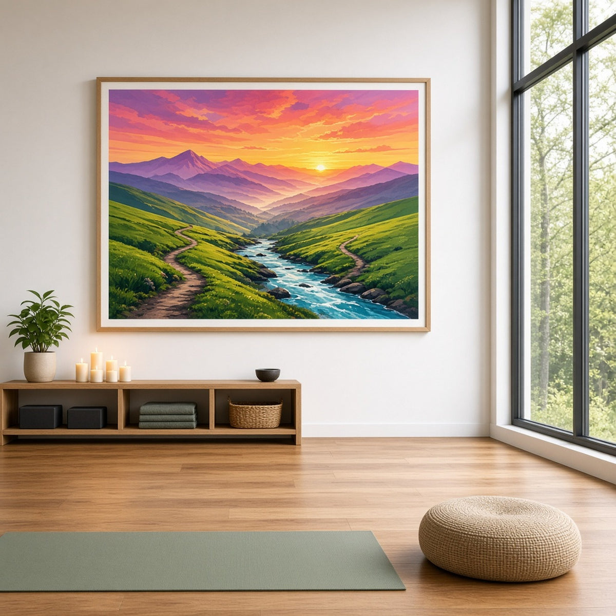 Bold-colour panoramic valley of green hills, winding trails and a cascading river under a blazing sunrise printed flat on a framed print in a yoga room, made with prompt #9