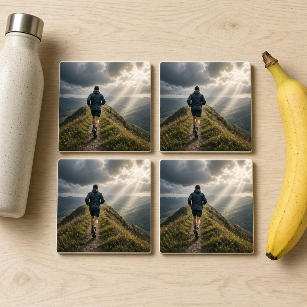 Cinematic trail runner on a high ridge path as a storm approaches and sun rays break through printed flat on a set of four coasters, made with prompt #46