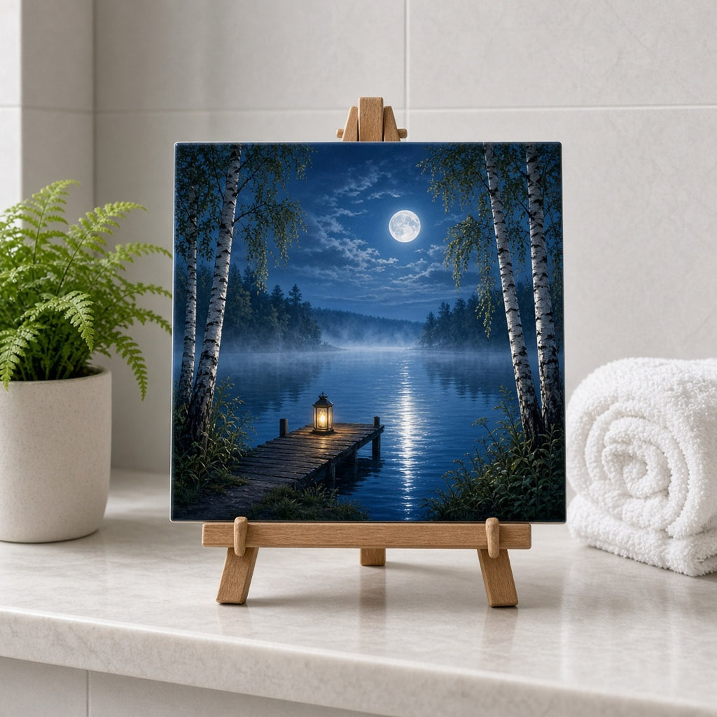 Moonlit misty lake framed by birch trees with a lantern on a small wooden pier printed flat on a ceramic tile, made with prompt #84