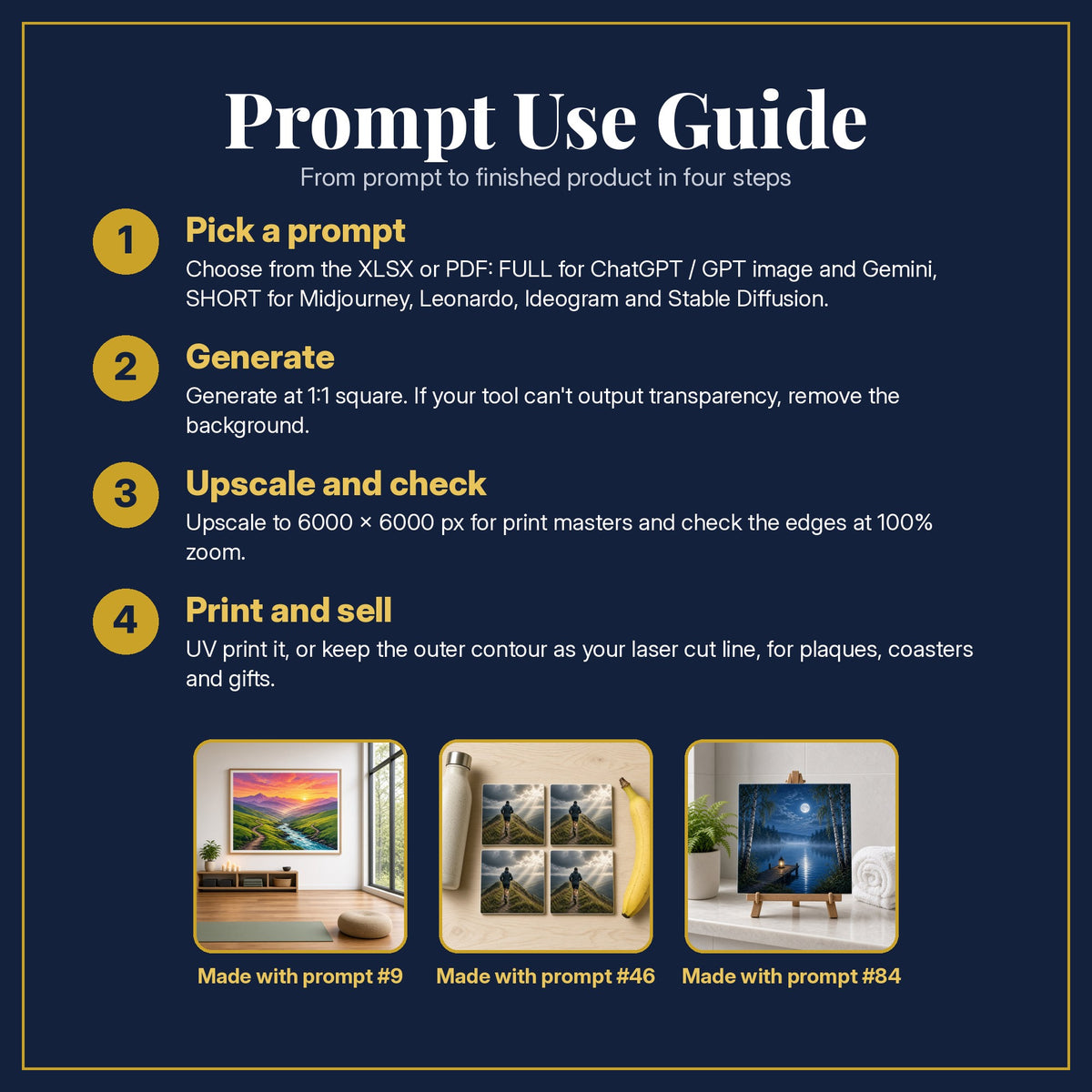 Prompt Use Guide for the Health and Wellness, Cinematic & Bold Collection: pick a prompt, generate, upscale and check, print and sell, with sample products made with the pack's prompts