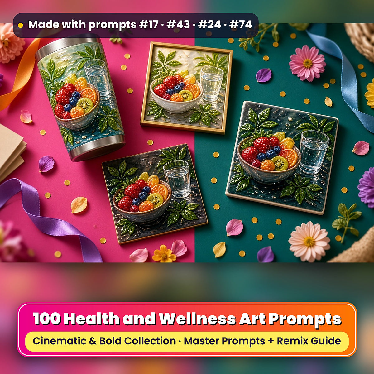 Health and Wellness, Cinematic & Bold Collection: realistic UV-printed mockup, made with prompts #17 · #43 · #24 · #74