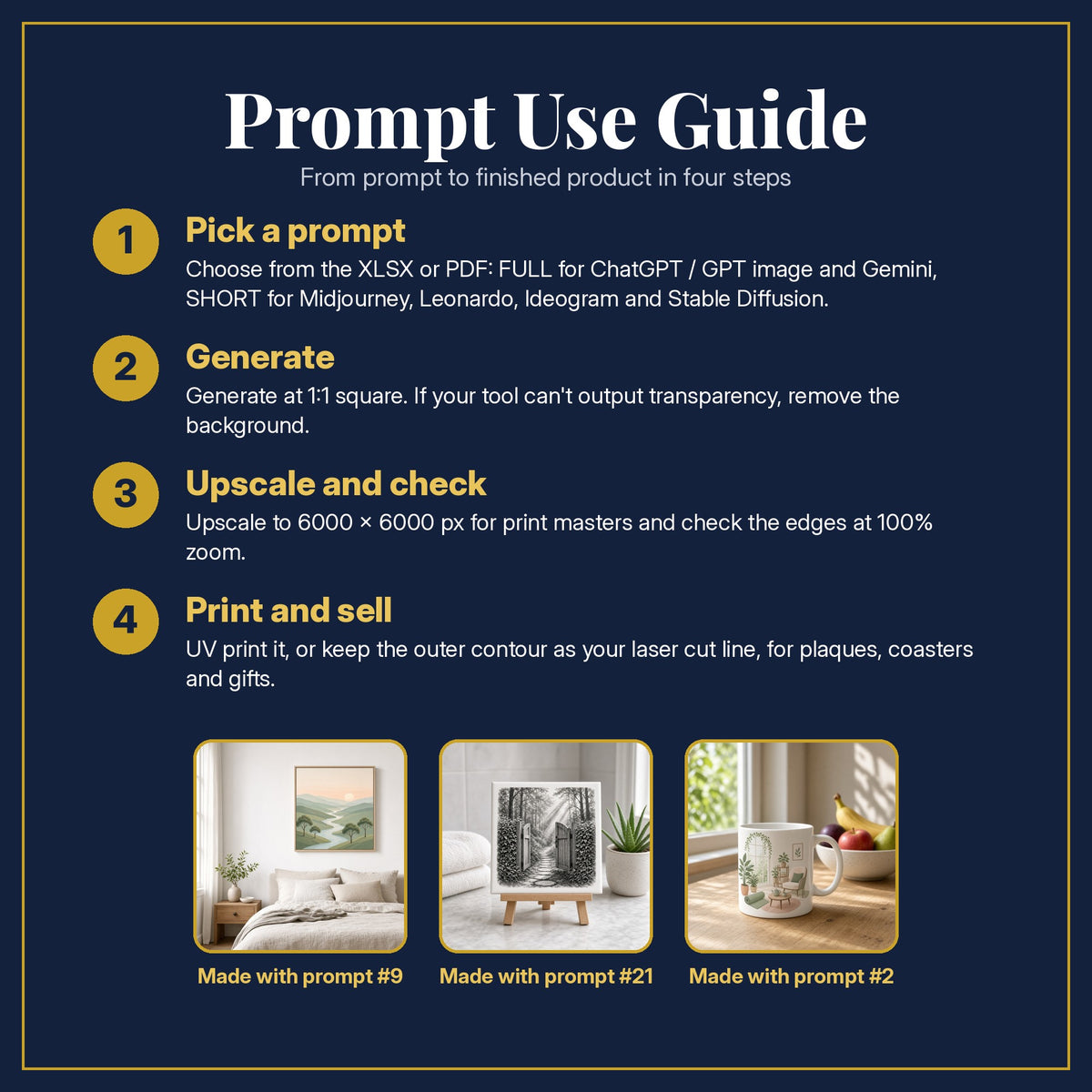 Prompt Use Guide for the Health and Wellness, Clean & Graphic Collection: pick a prompt, generate, upscale and check, print and sell, with sample products made with the pack's prompts