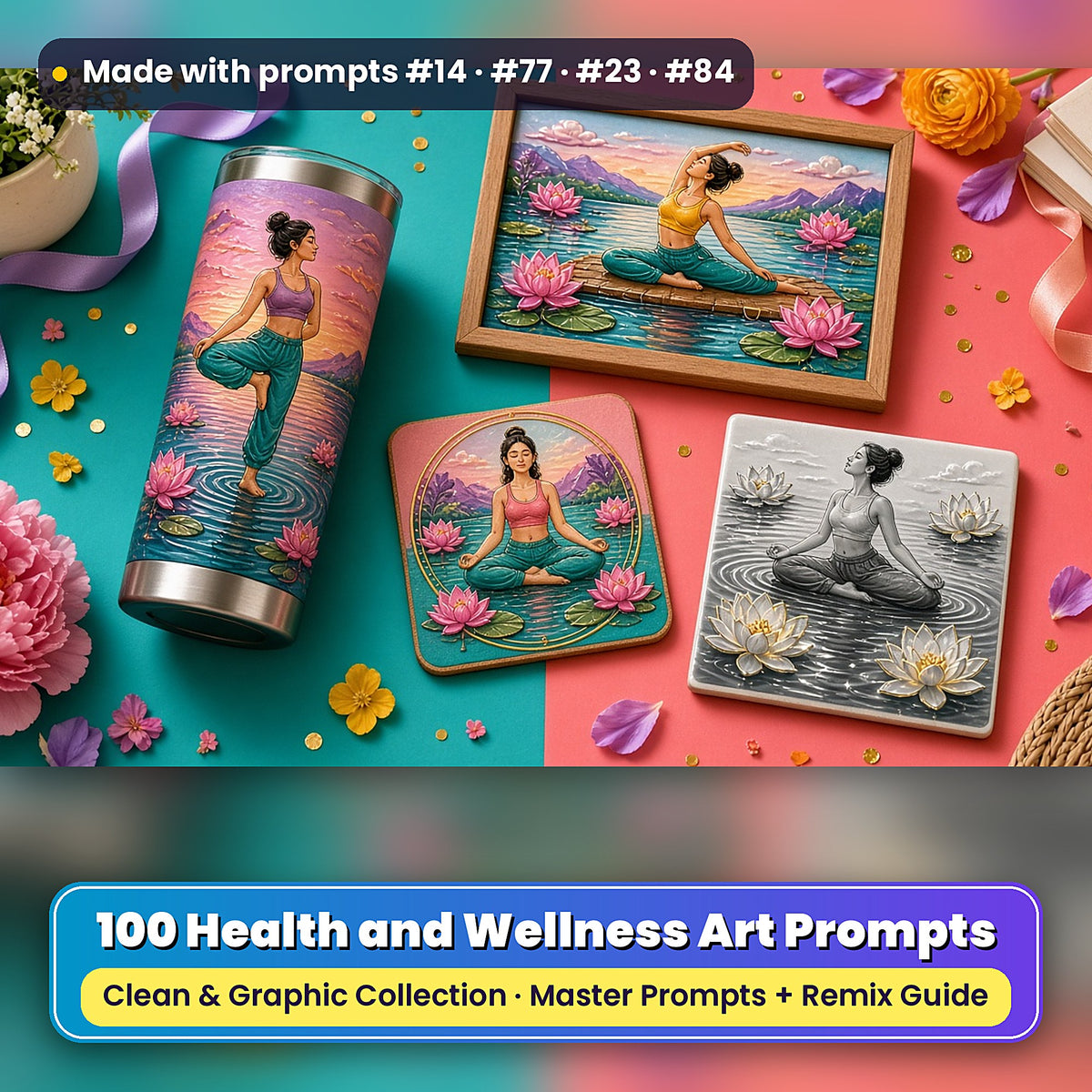 Health and Wellness, Clean & Graphic Collection: Made with prompts #14 · #77 · #23 · #84 – realistic UV-printed mockup