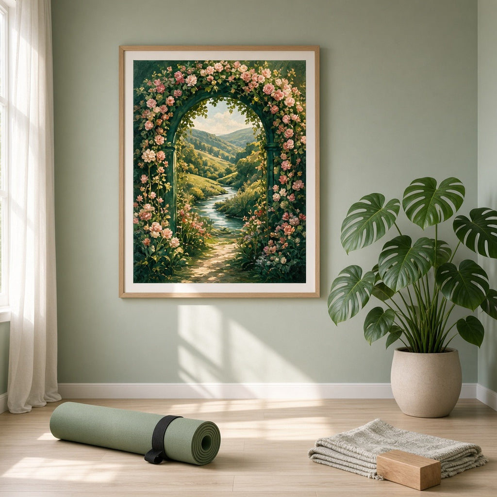 Jewel-toned arch of climbing roses opening onto a sunlit valley with a winding stream printed flat on a framed print in a yoga room, made with prompt #41