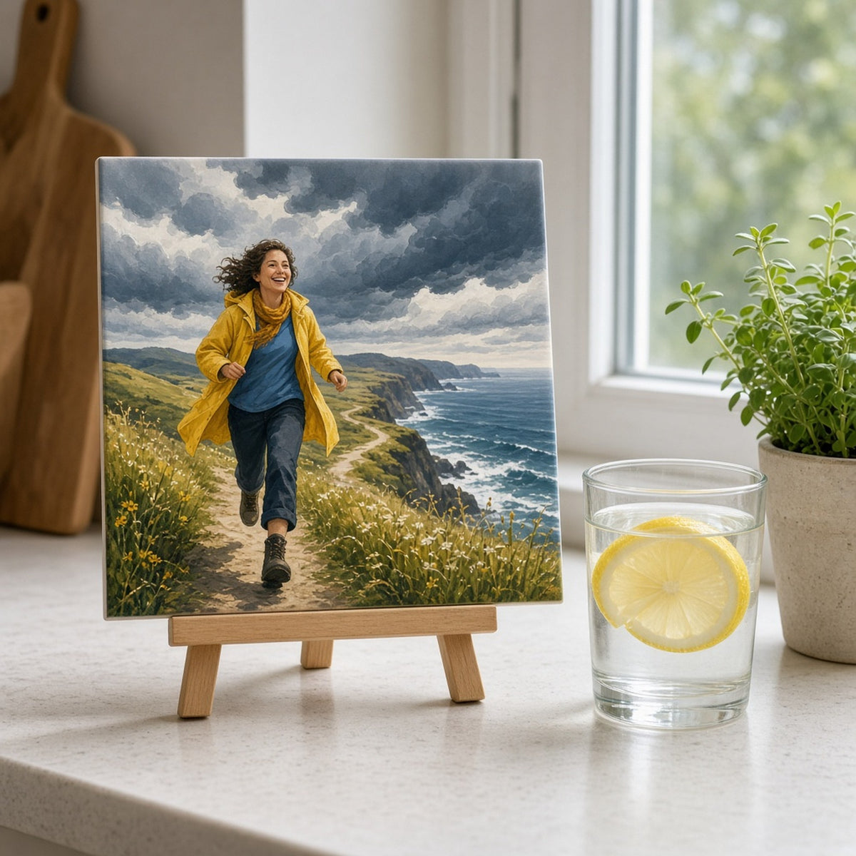 Illustrated woman in a yellow raincoat jogging a coastal path as storm clouds roll in printed flat on a ceramic tile, made with prompt #226