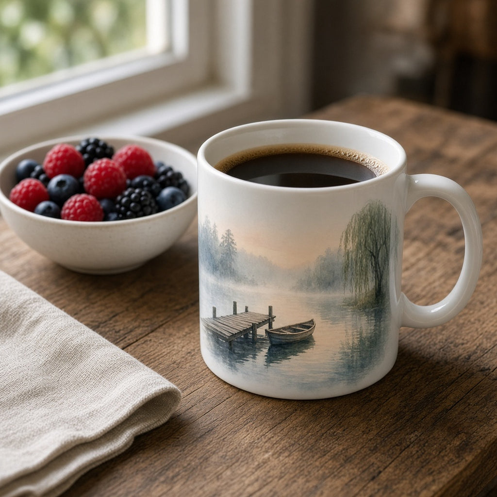 Misty watercolour lake at dawn with a wooden jetty, rowing boat and willow printed flat on a mug, made with prompt #416