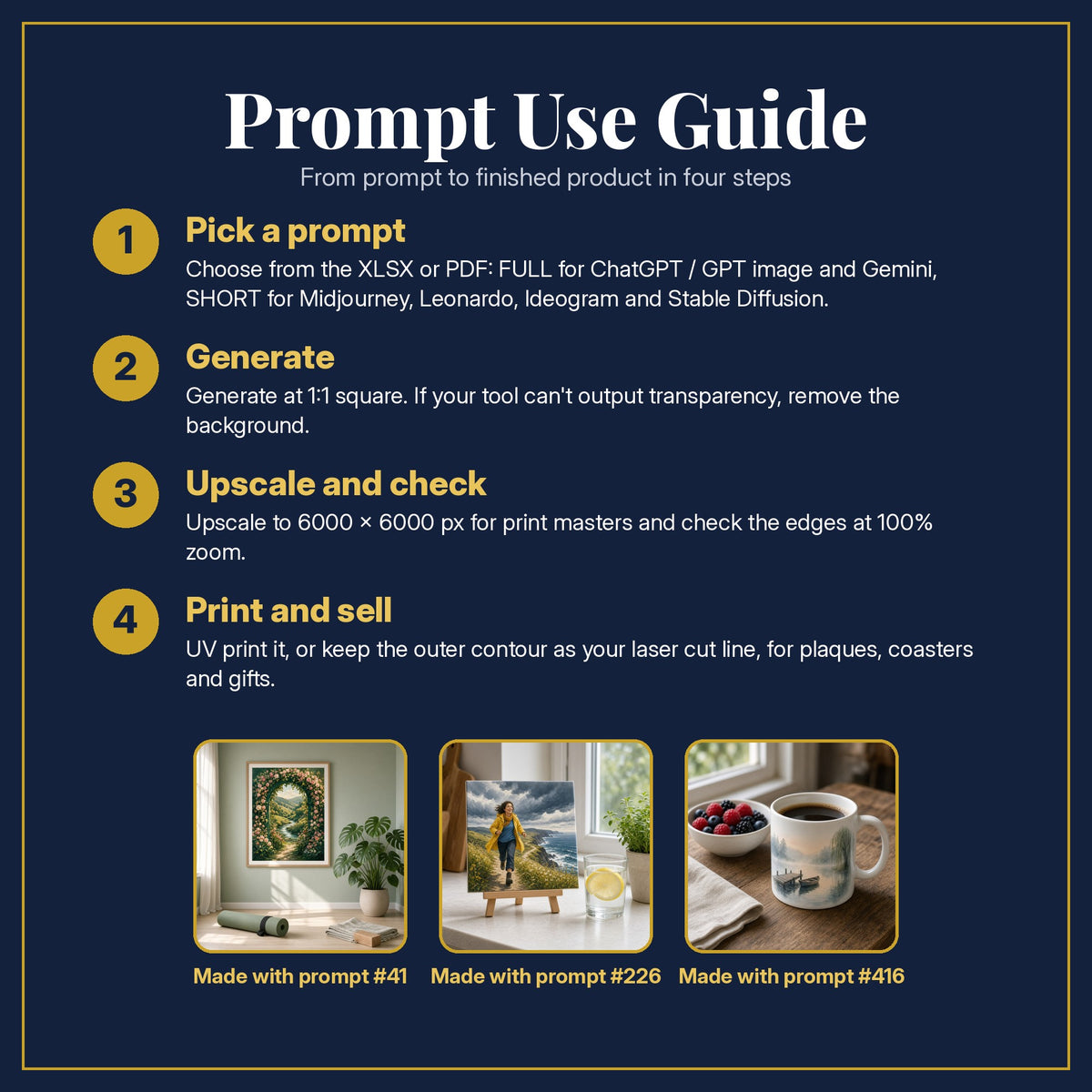 Prompt Use Guide for the Health and Wellness Complete Library: pick a prompt, generate, upscale and check, print and sell, with sample products made with the pack's prompts