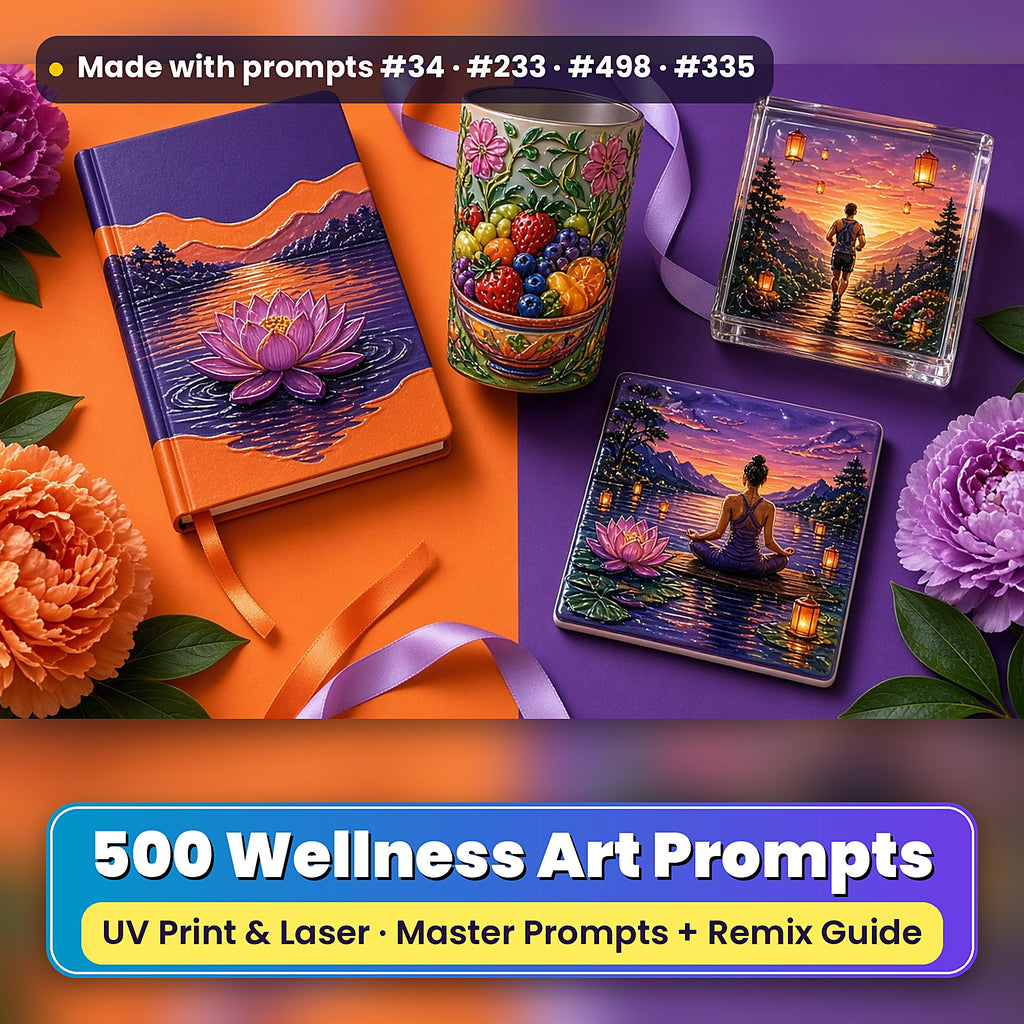 500 Wellness Art Prompts Library: Made with prompts #34 · #233 · #498 · #335 – realistic UV-printed mockup