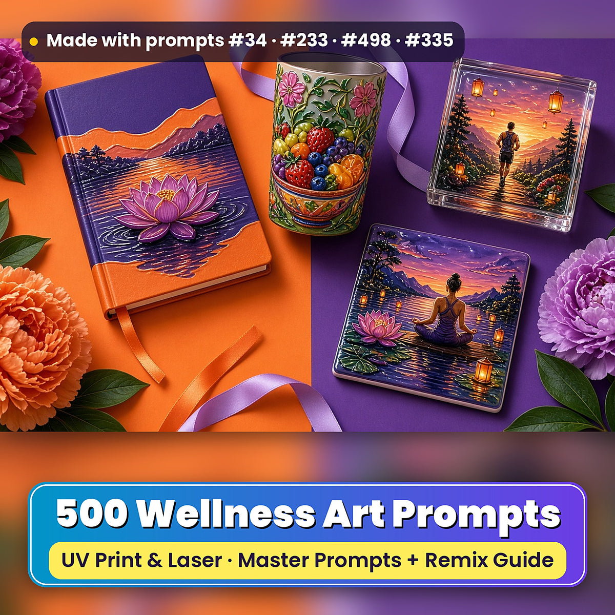 500 Wellness Art Prompts Library: Made with prompts #34 · #233 · #498 · #335 – realistic UV-printed mockup