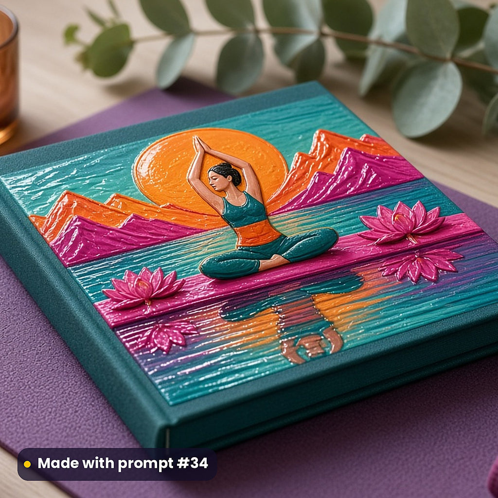 500 Wellness Art Prompts Library: Made with prompt #34 – realistic UV-printed mockup (Bold Colour — Reflective Water)