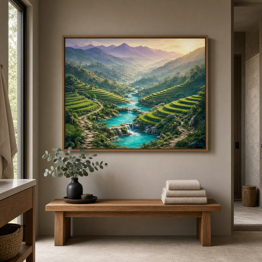 Jewel-toned panoramic mountain valley of emerald terraces, turquoise pools and stone walking paths printed flat on a framed print in a dressing room, made with prompt #9