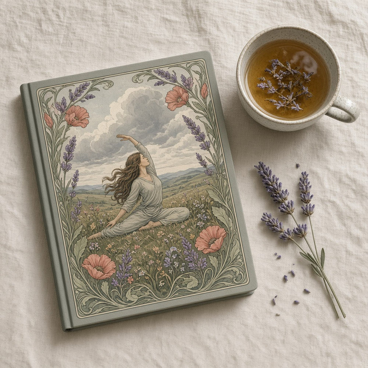 Art nouveau woman stretching on a meadow hilltop as storm clouds roll past, framed by poppies and lavender printed flat on a notebook cover, made with prompt #46
