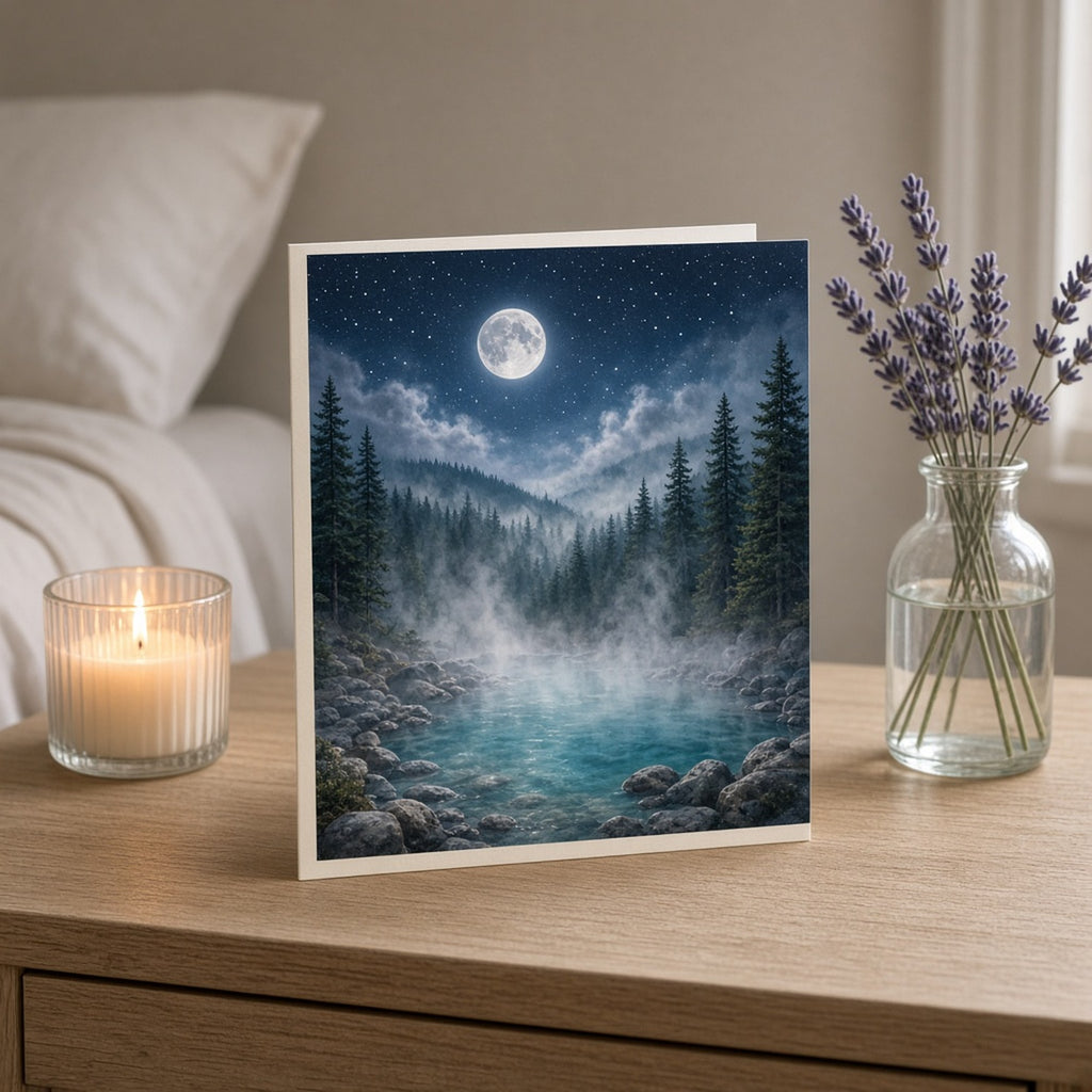 Moonlit forest hot spring with rising mist, smooth stones and pines under a starry sky printed flat on a greeting card, made with prompt #84