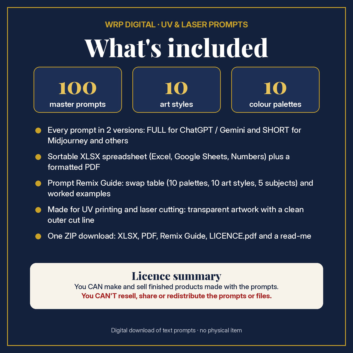 What's included in the Health and Wellness, Luxury & Decorative Collection: 100 master prompts, 10 art styles, 10 colour palettes, XLSX and PDF, Prompt Remix Guide and licence summary