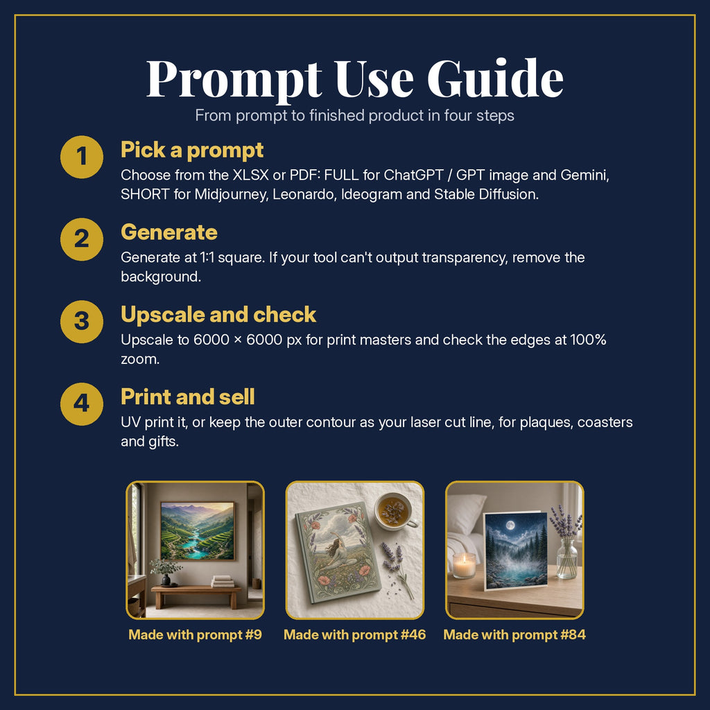 Prompt Use Guide for the Health and Wellness, Luxury & Decorative Collection: pick a prompt, generate, upscale and check, print and sell, with sample products made with the pack's prompts