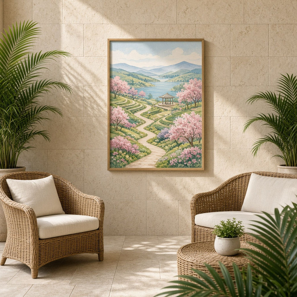 Hand-painted panoramic retreat of blossom-lined paths, a garden pavilion and a lake below blue mountains printed flat on a framed print in a conservatory, made with prompt #9