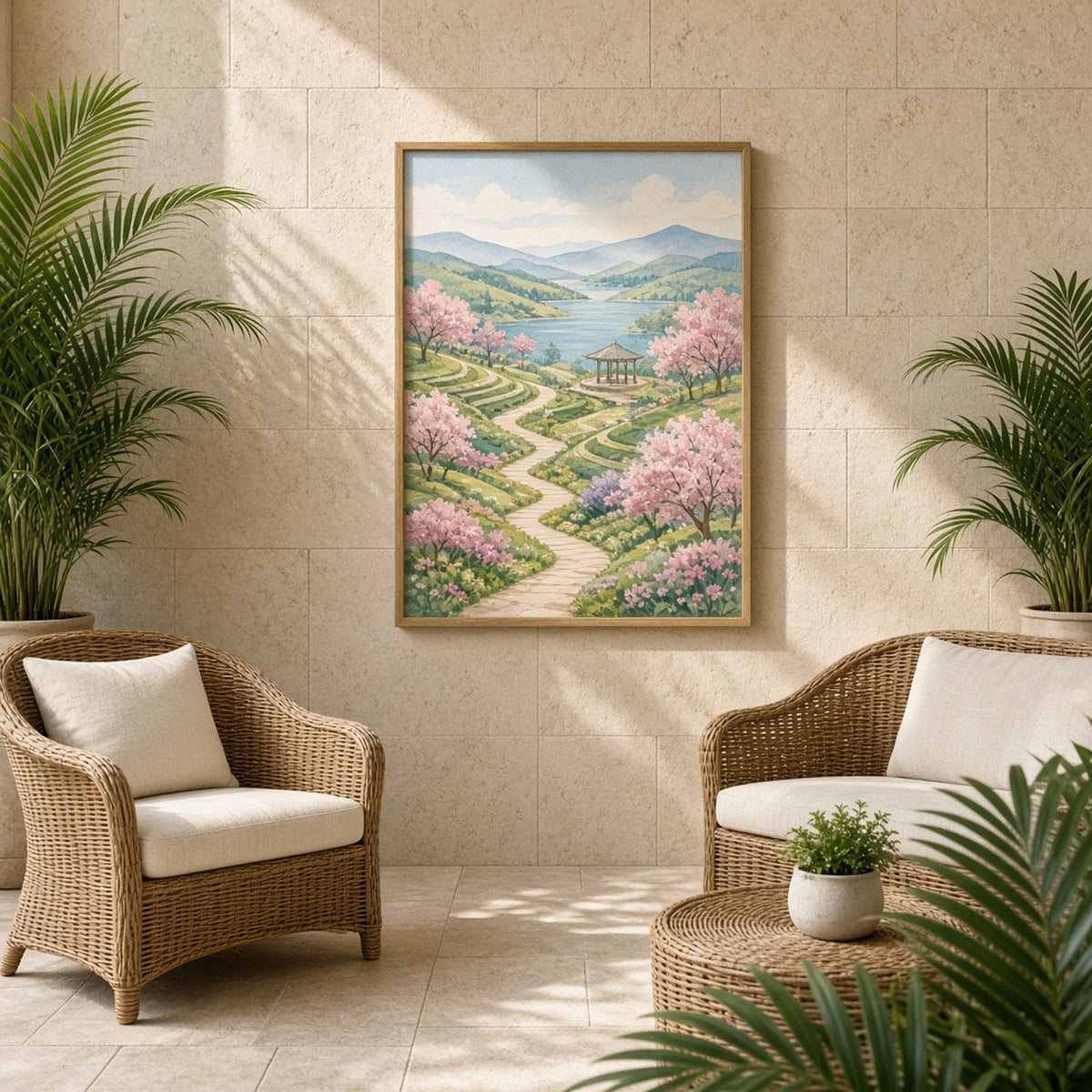 Hand-painted panoramic retreat of blossom-lined paths, a garden pavilion and a lake below blue mountains printed flat on a framed print in a conservatory, made with prompt #9
