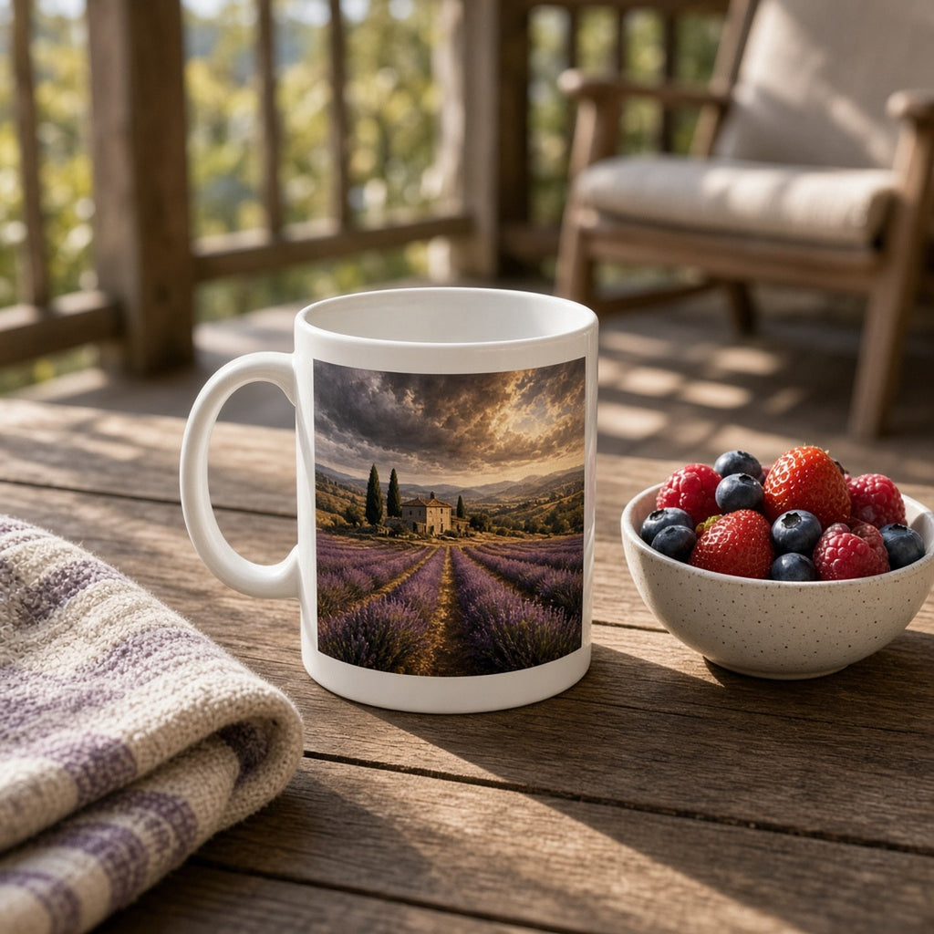Oil-painting storm clouds parting over a lavender field and stone farmhouse printed flat on a mug, made with prompt #46