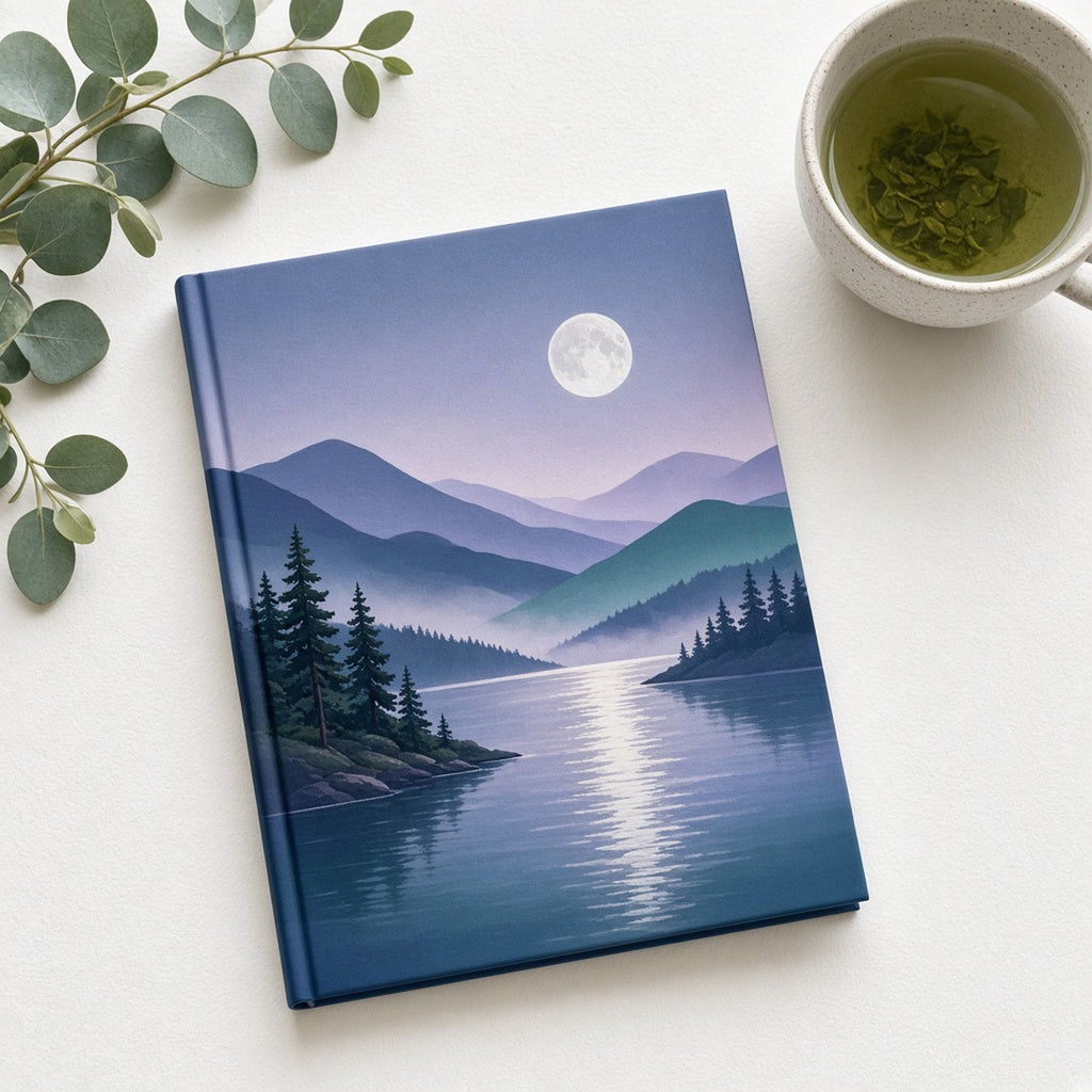 Moonlit misty mountain lake with pine-lined shores and a long silver moon reflection printed flat on a notebook cover, made with prompt #84