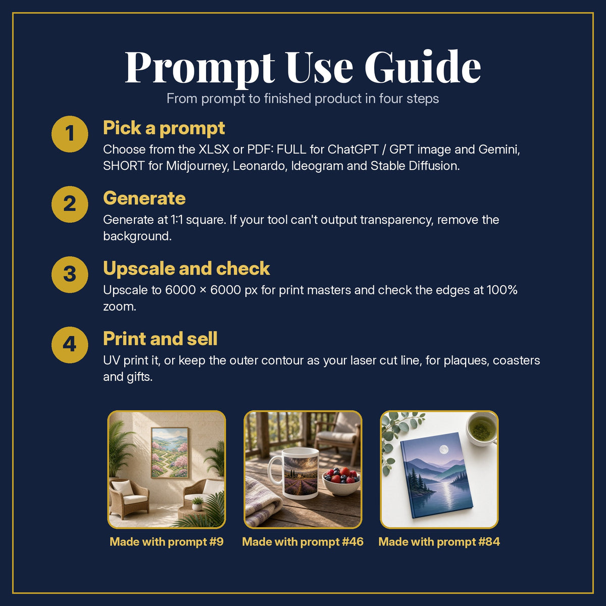 Prompt Use Guide for the Health and Wellness, Painterly & Handmade Collection: pick a prompt, generate, upscale and check, print and sell, with sample products made with the pack's prompts