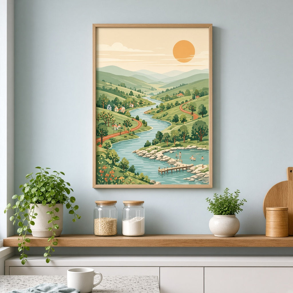 Retro panoramic countryside of rolling hills, cycle paths, orchards and a riverside swimming spot under a bright sun printed flat on a framed print in a kitchen, made with prompt #9