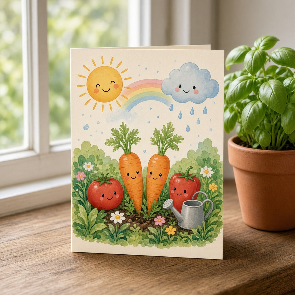 Whimsical smiling sun and rain cloud sharing the sky over a cheerful vegetable garden with a rainbow printed flat on a greeting card, made with prompt #46