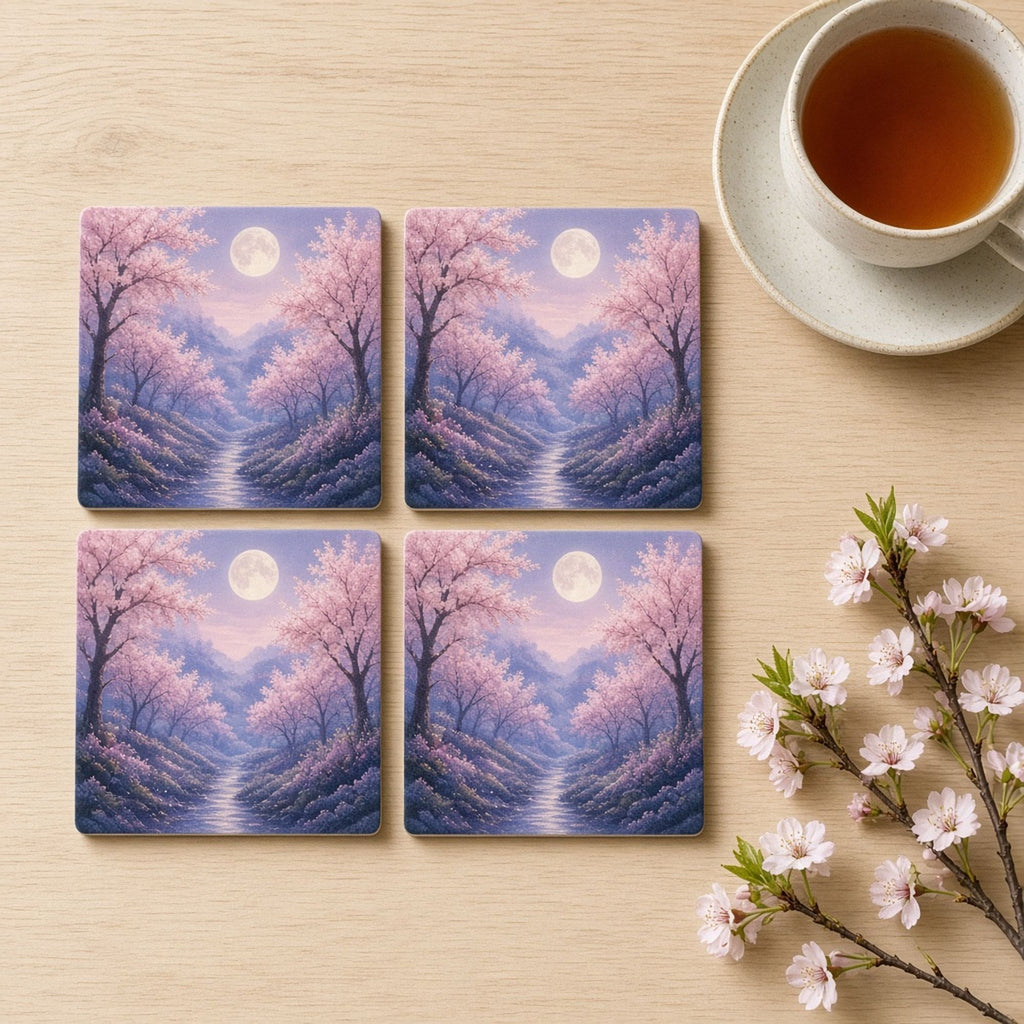 Spring moonlit cherry orchard with glowing pink blossom, mist and a moonlit stream printed flat on a set of four coasters, made with prompt #84