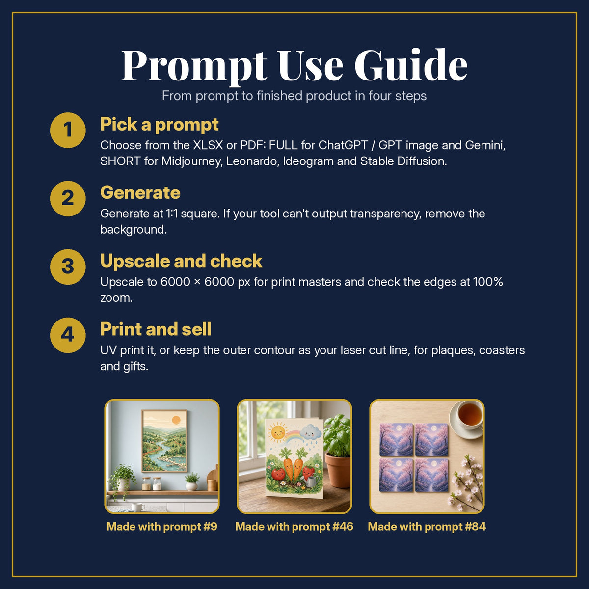 Prompt Use Guide for the Health and Wellness, Vintage & Whimsical Collection: pick a prompt, generate, upscale and check, print and sell, with sample products made with the pack's prompts