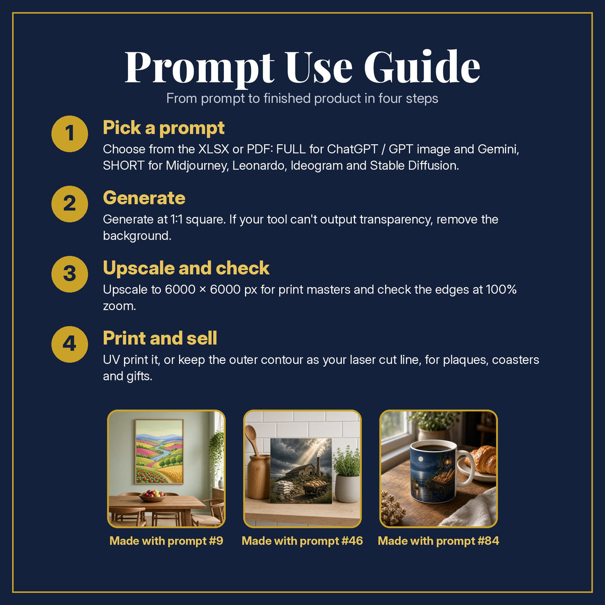 Prompt Use Guide for the Cookbooks and Baking, Cinematic & Bold Collection: pick a prompt, generate, upscale and check, print and sell, with sample products made with the pack's prompts