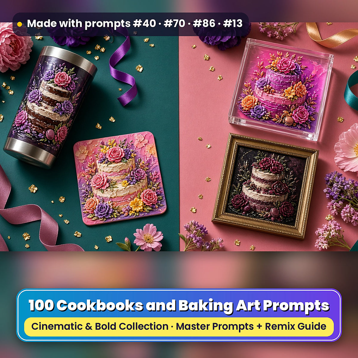 Cookbooks and Baking, Cinematic & Bold Collection: realistic UV-printed mockup, made with prompts #40 · #70 · #86 · #13