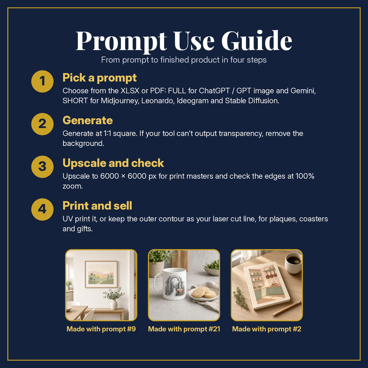 Prompt Use Guide for the Cookbooks and Baking, Clean & Graphic Collection: pick a prompt, generate, upscale and check, print and sell, with sample products made with the pack's prompts