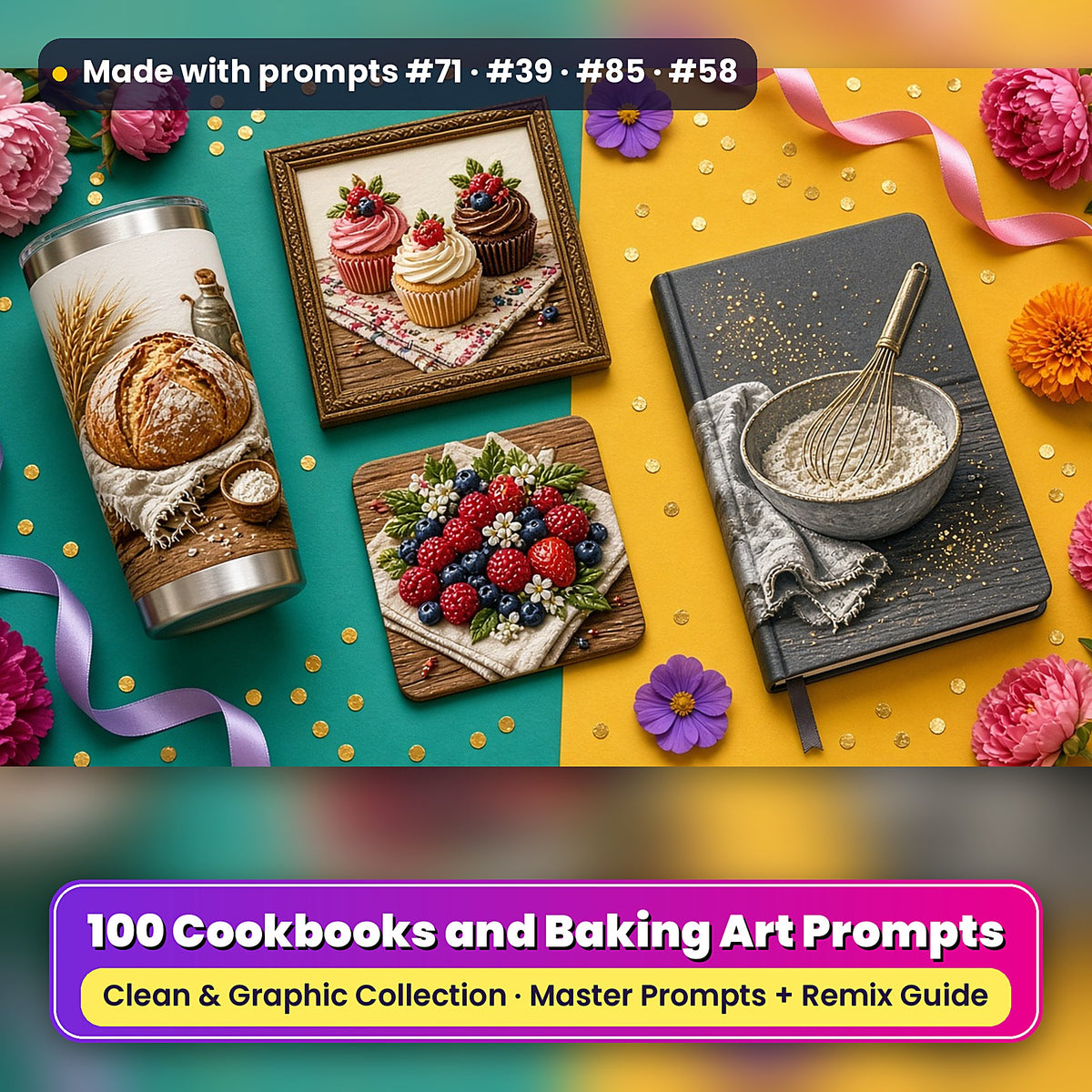 Cookbooks and Baking, Clean & Graphic Collection: Made with prompts #71 · #39 · #85 · #58 – realistic UV-printed mockup