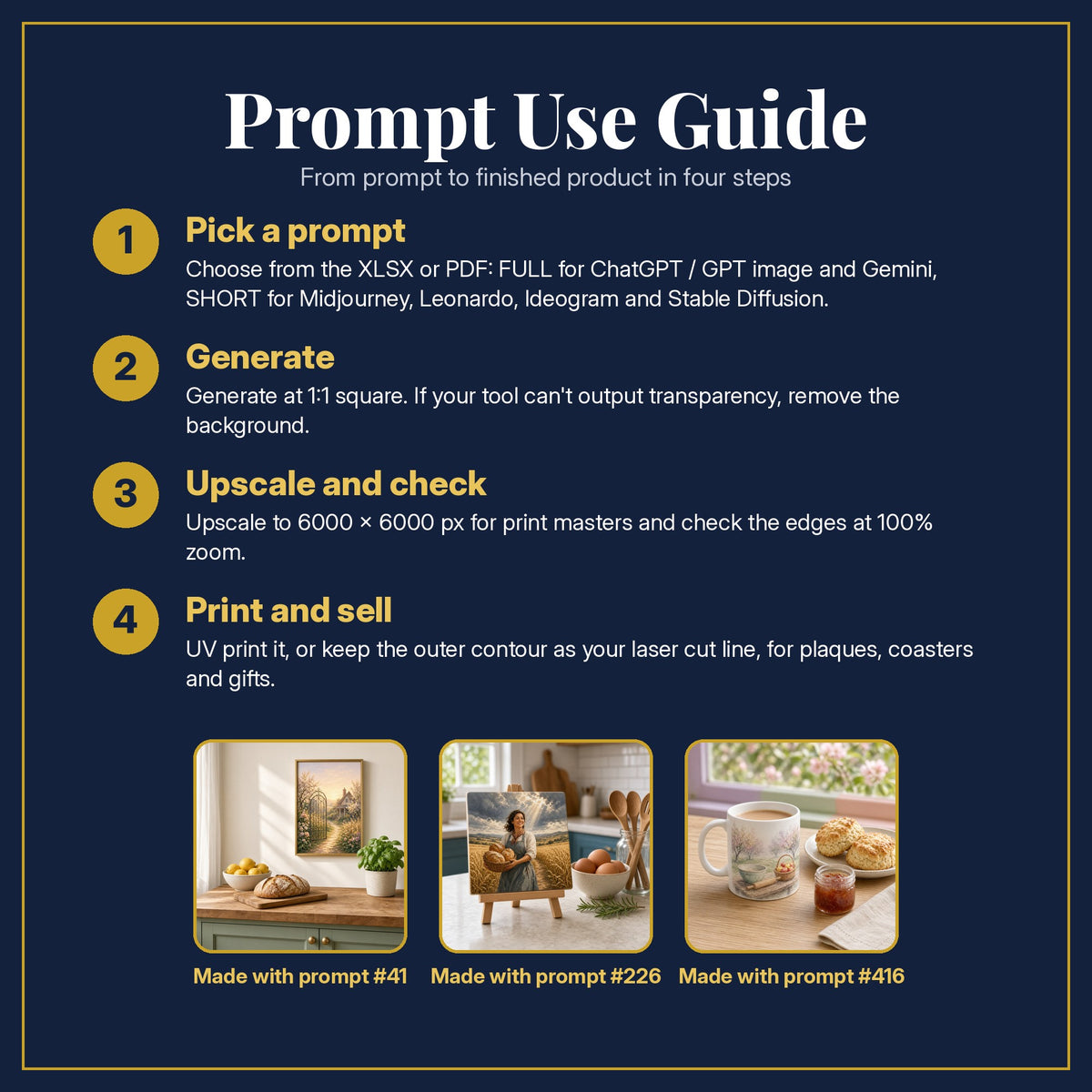Prompt Use Guide for the Cookbooks and Baking Complete Library: pick a prompt, generate, upscale and check, print and sell, with sample products made with the pack's prompts